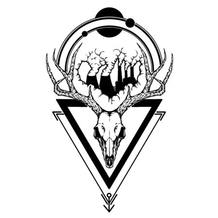 deer skull and factory smoke with triangle shape vector illustration for tattoo, printing on t-shirts, posters and other items. animal skeleton drawing. wildlife tattoo symbol design.のイラスト素材