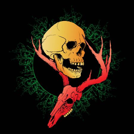 deer skull and human skull on isolated background. vector illustration for tattoo, printing on t-shirts, posters and other items. animal skeleton drawing. wildlife tattoo symbol design.のイラスト素材