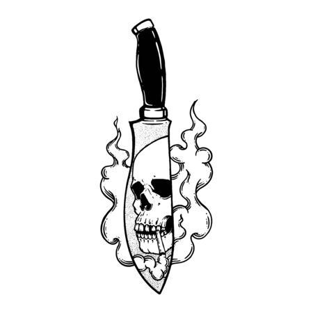 skull smoke reflection in the knife. vector illustration tattoo design. line art black ink work. dot artwork.のイラスト素材