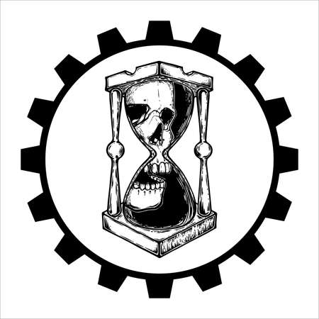 Decorative antique death hourglass illustration with skull. Hand drawn tarot card. Sketch for dotwork tattoo, hipster t-shirt design, vintage style posters. tattoo design vector.のイラスト素材