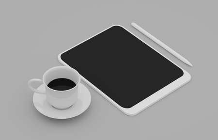 3d render white Tablet computer with blank black and white screen isolated. White device PC. Pad with blank screen. mockup product. with jar and coffee cup.の写真素材