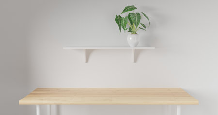 3d render Working desk and shelf with white background. minimal workspace. wall concept template.