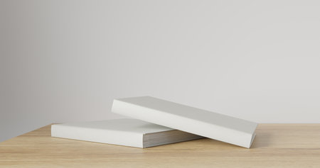 3d render Working desk with white background. blank book on wood table. minimal workspace. wall...
