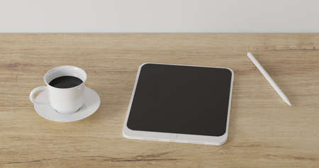 3d render Working desk with white background. tablet pencil, green plant and coffee cup on wood...