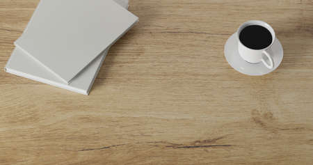 3d render coffee cup, blank book and tablet pencil on wood table. minimal workspace. wall concept...