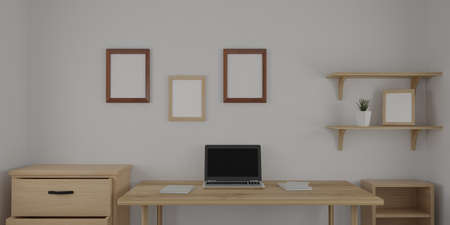 3d render interior room. minimal style design. working desk. home interior design. template for website, wallpaper, and mockup.の写真素材