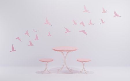 Round pastel modern minimal table set with chairs. bird silhouette wall cut out. mock up minimal interior design concept with copy space 3d rendering 3d illustration.の写真素材