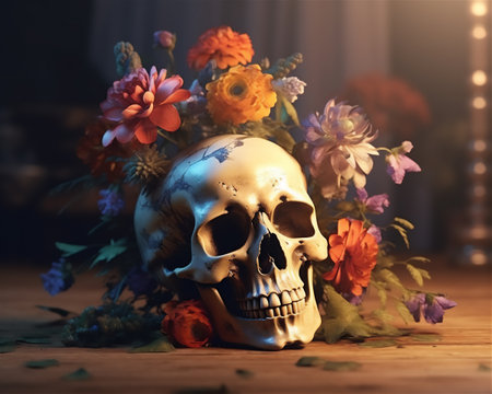 skull with flower. 3D render style. illustration Ai generative.の素材