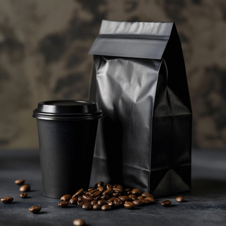 paper bag and cup of coffee package product mockup photography, Ai genarated. template label.の素材
