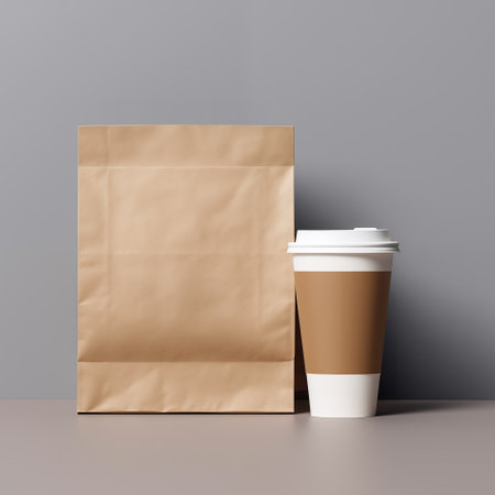 paper bag and cup of coffee package product mockup photography, Ai genarated. template label.の素材