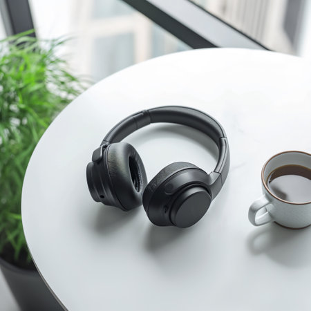Headphone mockup with white background top view. Ai generated.の素材