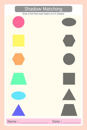 Worksheet 2D Colorful Geometric shapes. draw lines to match the shadows with the correct picture on the right. Learning materials for preschool kids. Logical game for kindergarten.のイラスト素材