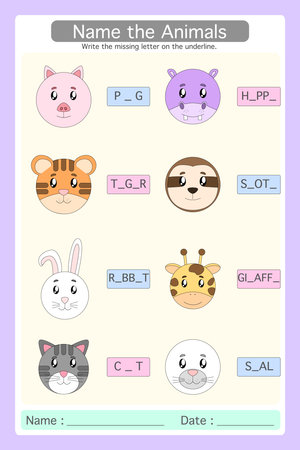 Worksheet Name the Animals. write the missing letter on the underline. Learning materials for kindergarten.のイラスト素材