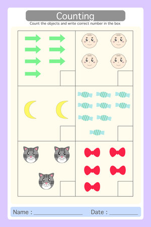 Worksheet matching objects to the numerals. count the objects and write correct number in the box. Learning materials for preschool kids. Logical game for kindergarten.のイラスト素材