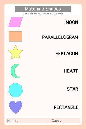 Worksheet 2D Colorful Geometric shapes. draw a line to match shapes and the words. Learning materials for preschool kids. Logical game for kindergarten.のイラスト素材