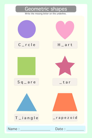 Worksheet 2D Colorful Geometric shapes.write the missing letter on the underline. Learning materials for preschool kids. Logical game for kindergarten.のイラスト素材