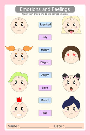 Worksheet emotions and feelings. match then draw a line to the correct emotion picture. educational worksheets for preschool kids. Logical game for kindergarten.のイラスト素材