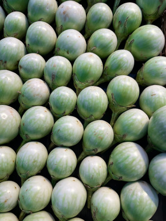Fresh eggplant for sale at market in Thailand, closeup of photoの写真素材