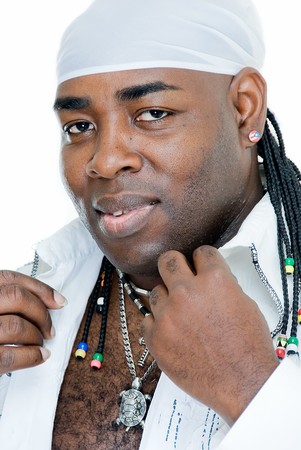 portrait of handsome black man on white の写真素材