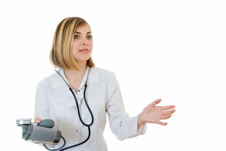 young doctor wants to say something on white background