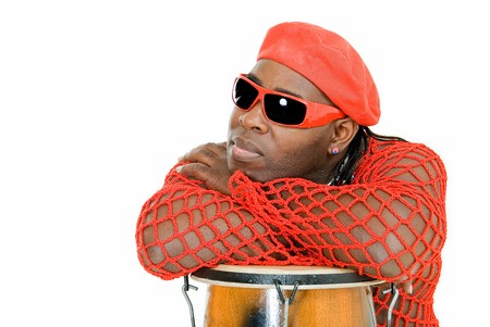 relaxing black cuban man on percussion on white backgroundの写真素材