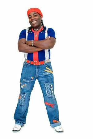 sympathetic black man smiling on white background