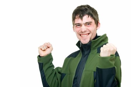 young handsome man shows elation about something の写真素材