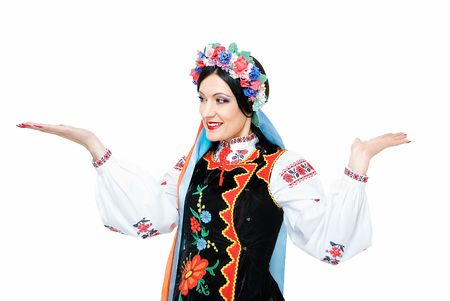young beauty ukrainian woman holds palms upの写真素材