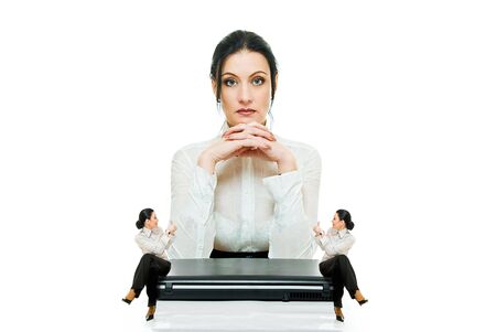 conceptual collage with three woman and laptop on whiteの写真素材