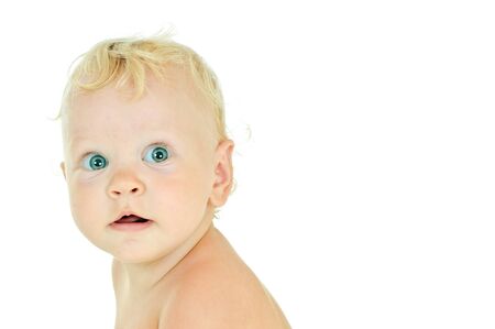 tow-haired one year baby on white backgroundの写真素材