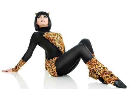 young woman dancer is in a cat image on whiteの写真素材