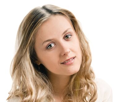 portrait of beautiful blonde girl on white backgroundの写真素材
