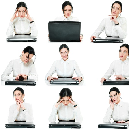 pretty business woman with laptop on white, collageの写真素材