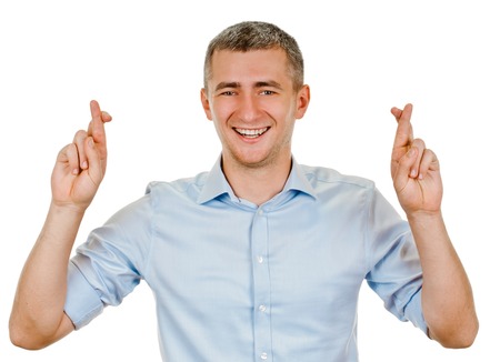 young man shows sign and symbol by hands on white の写真素材