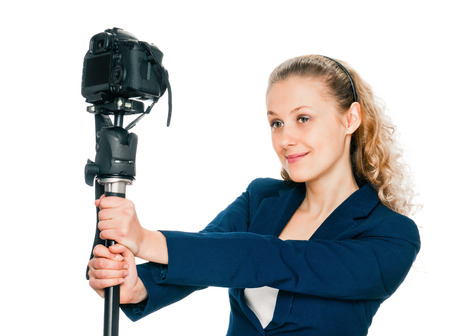 young woman to do her own self-portrait on white backgroundの写真素材