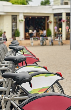 Row of city bikes for rent in Moskow, Russia. focus on the nearest Grips steeringの写真素材