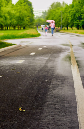 Rainy day. wet asphalt and focus is foreground, away people with umbrellasの写真素材