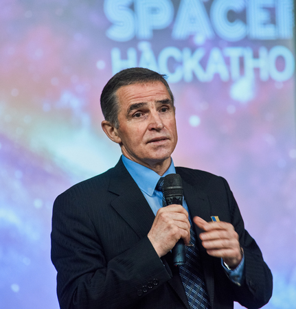 Dnepropetrovsk Ukraine May 29, 2016. Astronaut Leonid Kadeniuk answers the questions within Hackaton