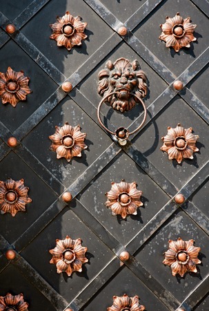 old style lion's head knocker on the door. Ukraine Zolochev Carpathianの写真素材