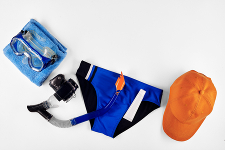 Swimming diving snorkeling aquatic equipment on white backgroundの写真素材