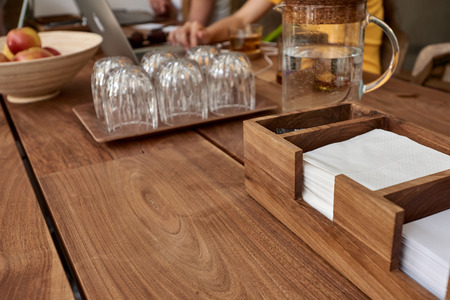 Wooden table in cafeの写真素材