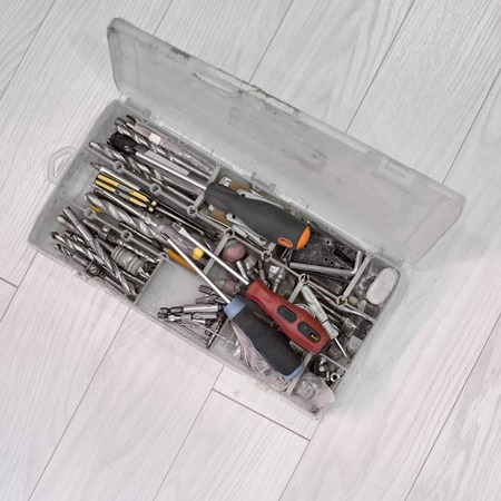 Toolbox on wooden floorの写真素材