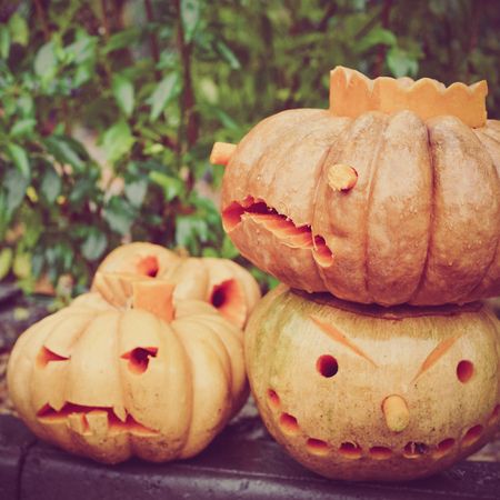 Halloween pumpkins on the streetの写真素材