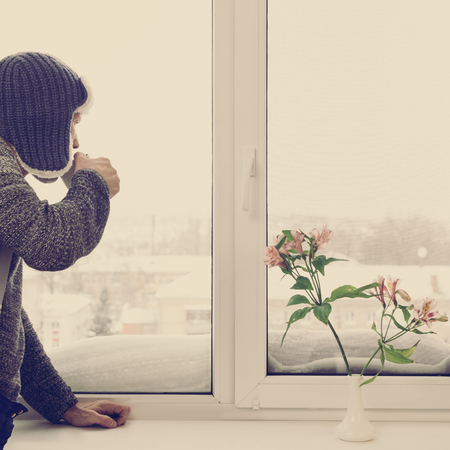 Enjoying morning coffeeの写真素材