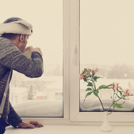 Enjoying morning coffeeの写真素材