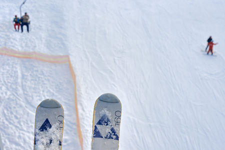 Background with legs of skierの写真素材