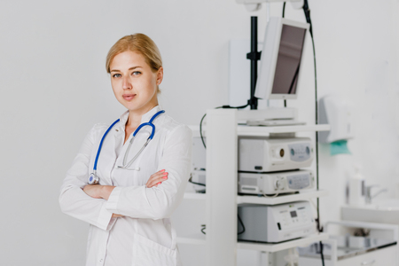 Doctor with ultrasound scannerの写真素材