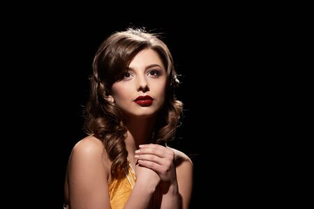 Portrait of gorgeous luxury brunette woman with red lips
