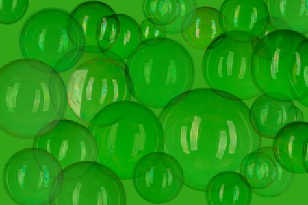 Set of transparent flying soap bubbles on green backgroundの写真素材