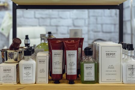 Dnepr, Ukraine- Maj 18, 2019: Set of mens natural cosmetic products after shavingのeditorial素材
